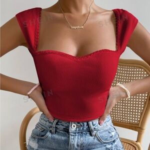 red lace sweetheart neckline crop top